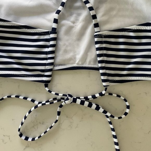 Shekini High Neck Lace Up Back Striped 2 Piece Bikini Set Navy   White Sz L NWOT - Picture 7 of 12